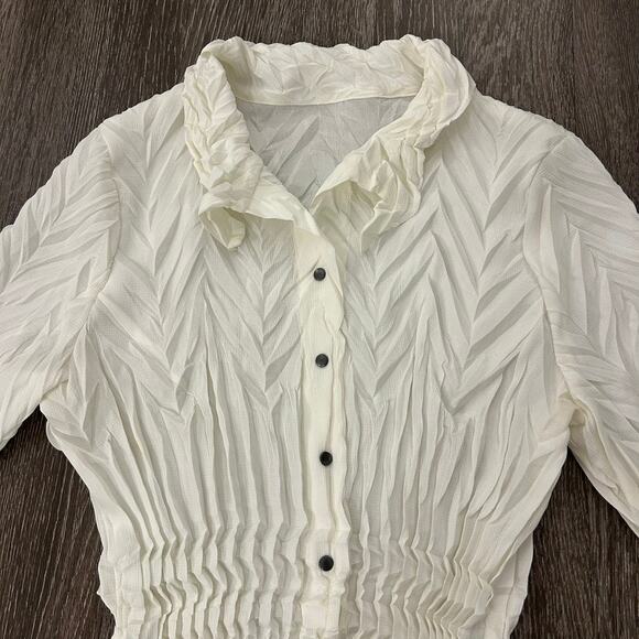 Babette Vintage Ivory Micropleat Button Front Top XS Long Sleeve Sculpted Blouse - Picture 2 of 16